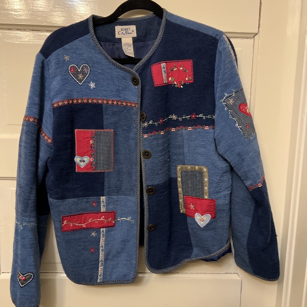 Vintage Koret City Womens Blues Button-Up Patchwork Jacket Blue M Embellished